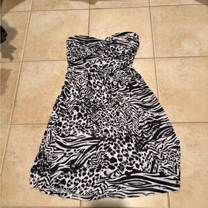 Guess Black and White Animal Print Strapless Dress